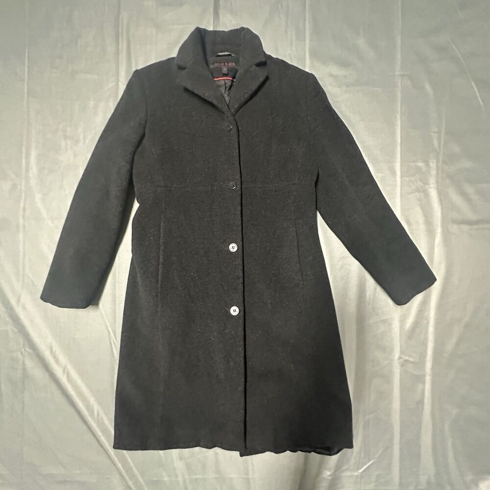Anne Klein Coat Women 2P Black Lambswool Cashmere Long Overcoat Button